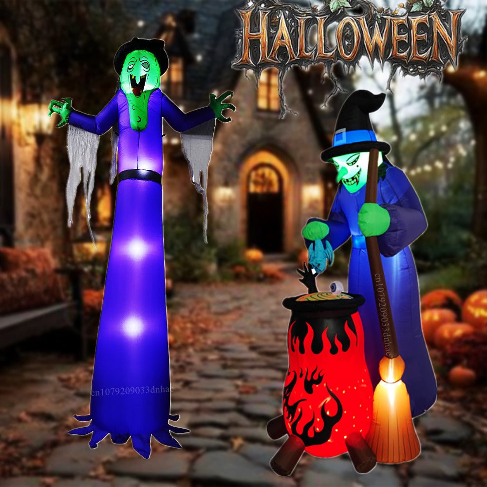 Halloween Inflatable Witch and Pig Model – Built-In LED Light Up Yard Props for Lawn, Garden, Indoor, and Party Decorations