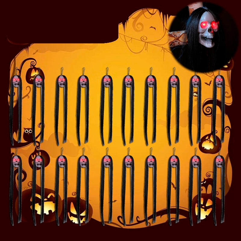 Halloween Hanging Ghost Skeleton Props – 30pcs LED Light-Up Horror Figures with Long Hair for Haunted House, Bar, and Party Decor