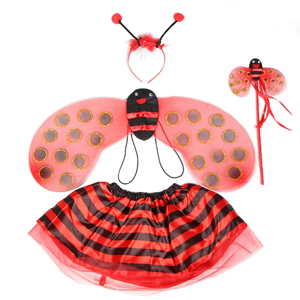 Fairy Princess Winged Costume Set for Girls - Magical Ladybug Dress-Up with Wand, Cosplay Halloween Outfit for Kids