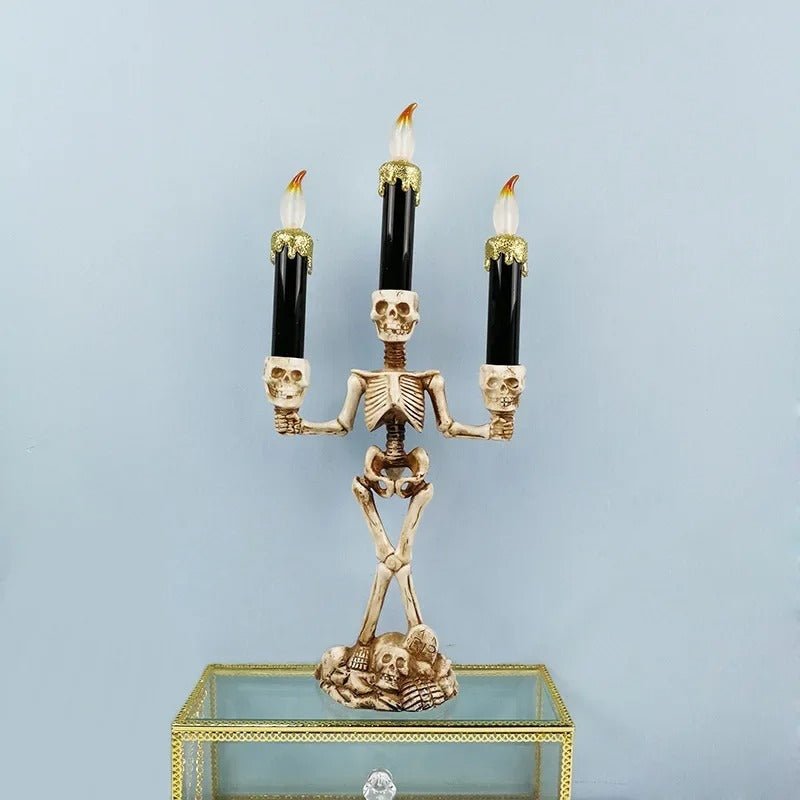 Halloween Skeleton Candlestick - Three Skull Candle Lights Resin Gothic Halloween Props Led Simulation Human Skull Candle Holder - Gear Elevation