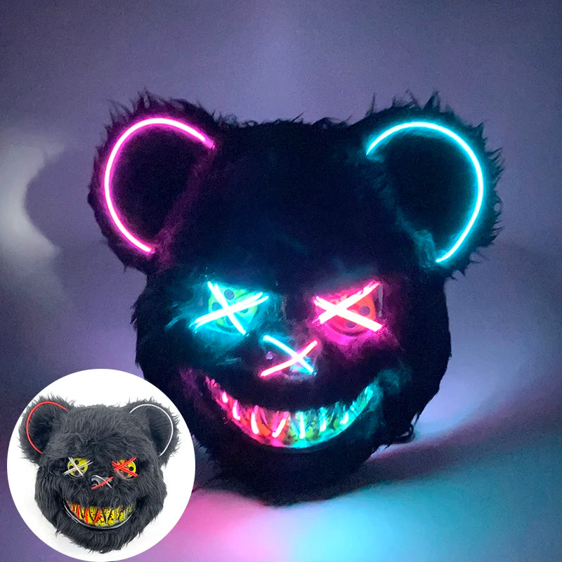 Halloween Bloody Bear Killer Mask – LED Light-Up Flashing Neon Horror Mask for Scary Cosplay, Costume Parties, and Haunted House Decoration