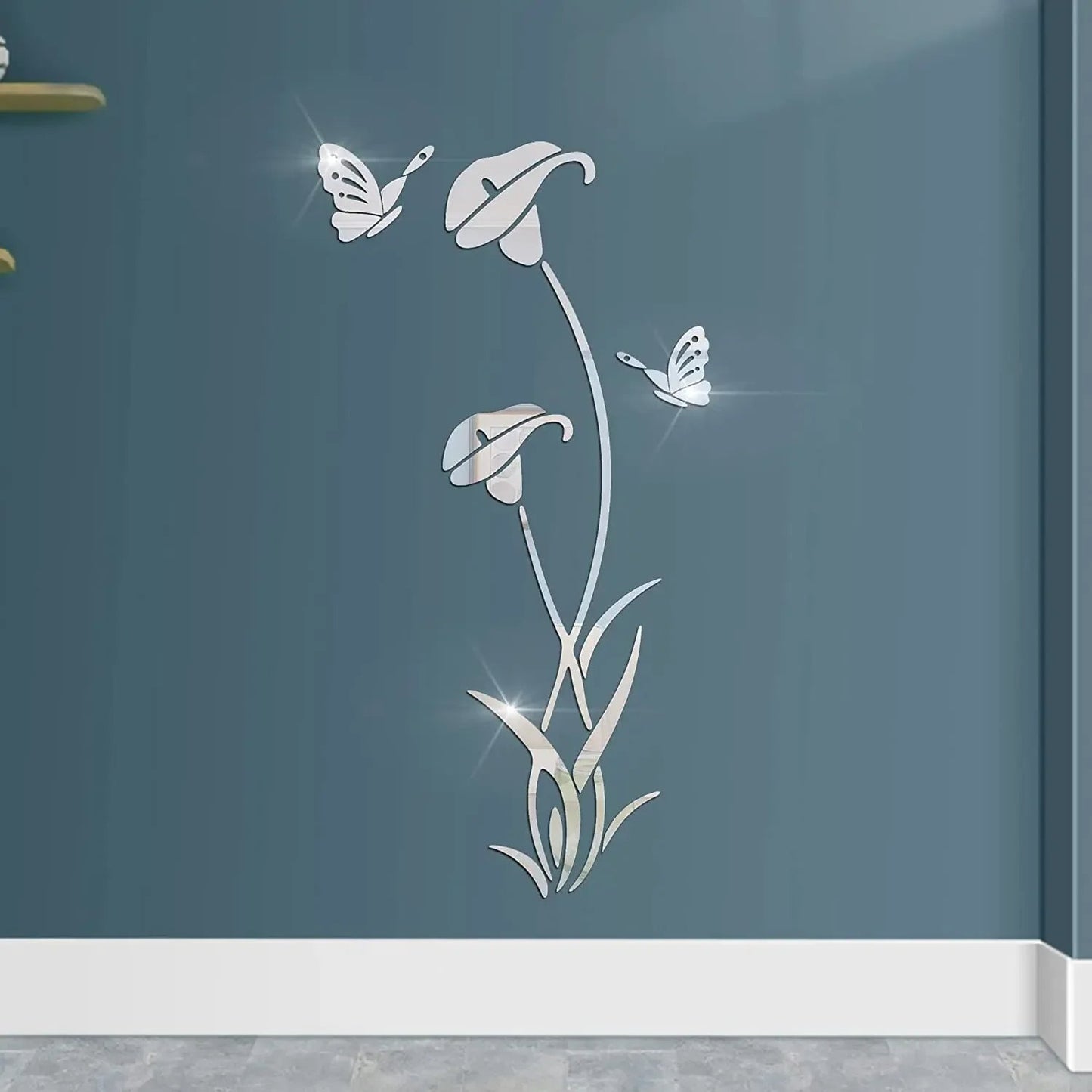 Butterfly Lily Mirror Wall Sticker – 3D DIY Floral Mural Decal for Bedroom, TV Background, and Elegant Living Room Décor Charm