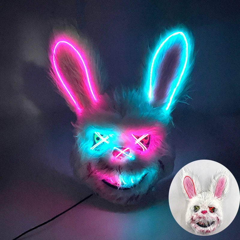 Halloween Bloody Bear Killer Mask – LED Light-Up Flashing Neon Horror Mask for Scary Cosplay, Costume Parties, and Haunted House Decoration