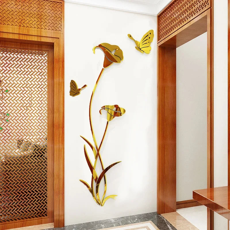 Butterfly Lily Mirror Wall Sticker – 3D DIY Floral Mural Decal for Bedroom, TV Background, and Elegant Living Room Décor Charm