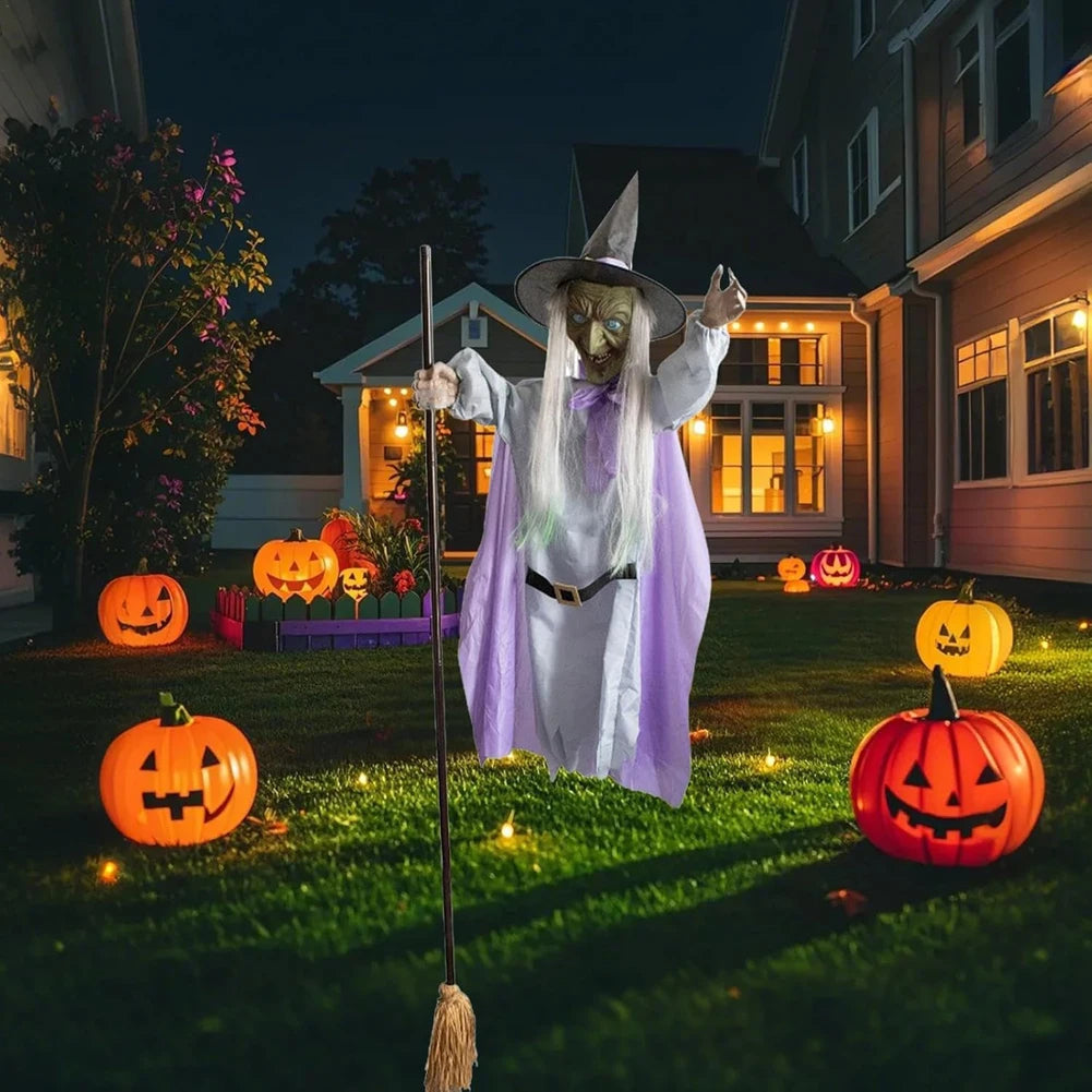 Halloween Flying Witch on Broom – Animatronic Witch with Luminous Eyes for Outdoor Yard Party Props and Haunted House Decor