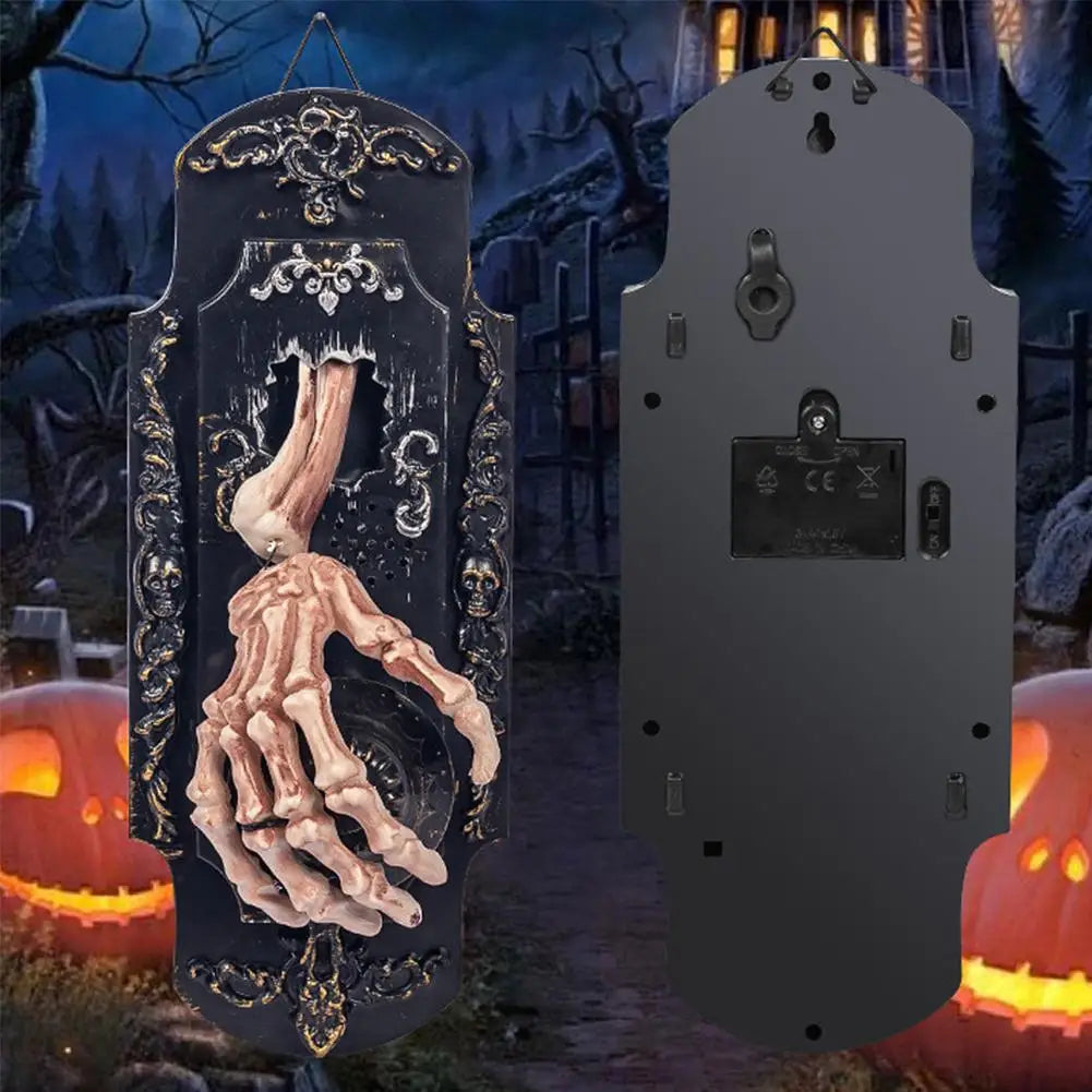 Skeleton Hand Halloween Doorbell Decoration – Touch and Motion Activated Haunted Doorbell with Red Light and Scary Sound Effects