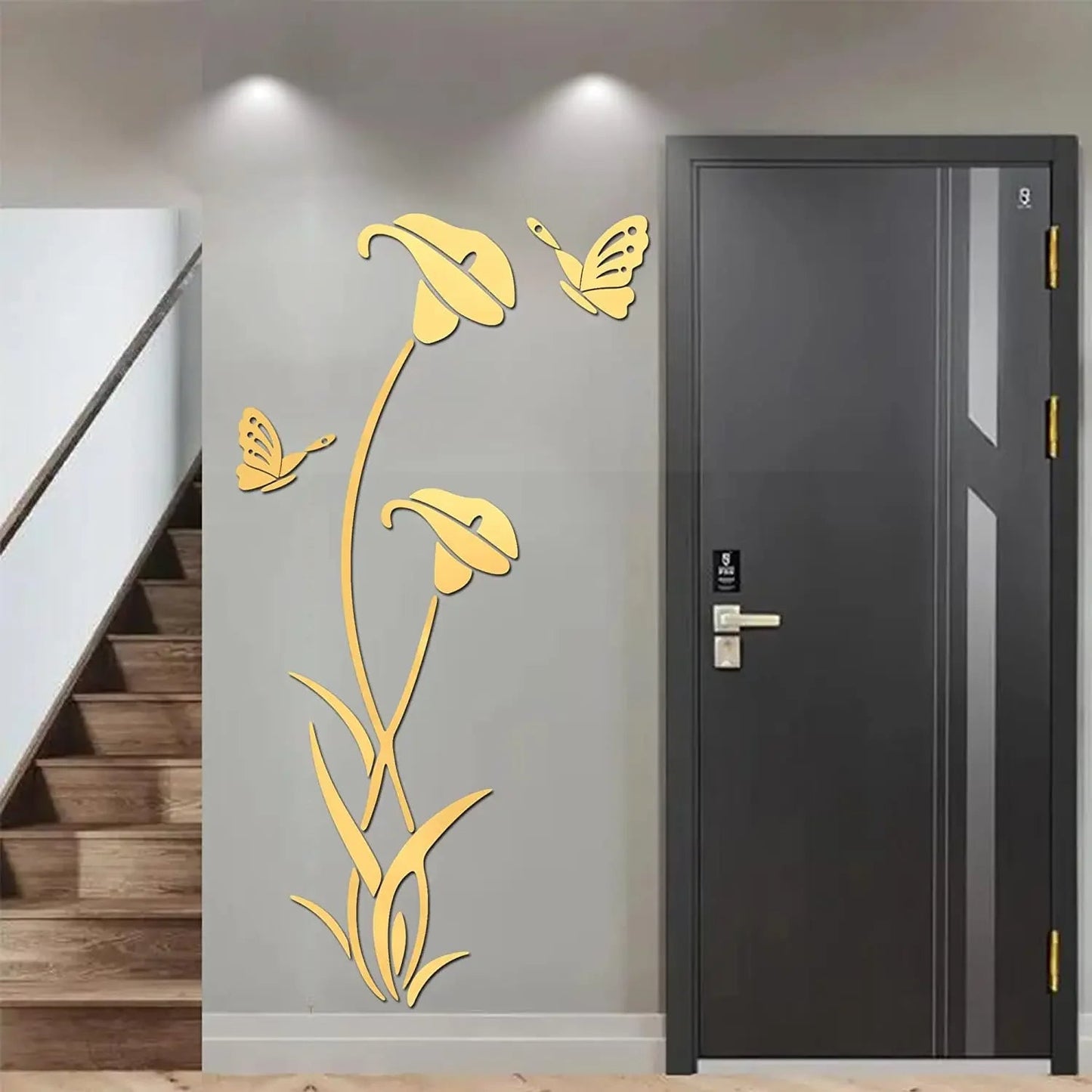 Butterfly Lily Mirror Wall Sticker – 3D DIY Floral Mural Decal for Bedroom, TV Background, and Elegant Living Room Décor Charm
