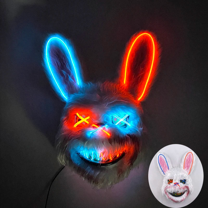 Halloween Bloody Bear Killer Mask – LED Light-Up Flashing Neon Horror Mask for Scary Cosplay, Costume Parties, and Haunted House Decoration