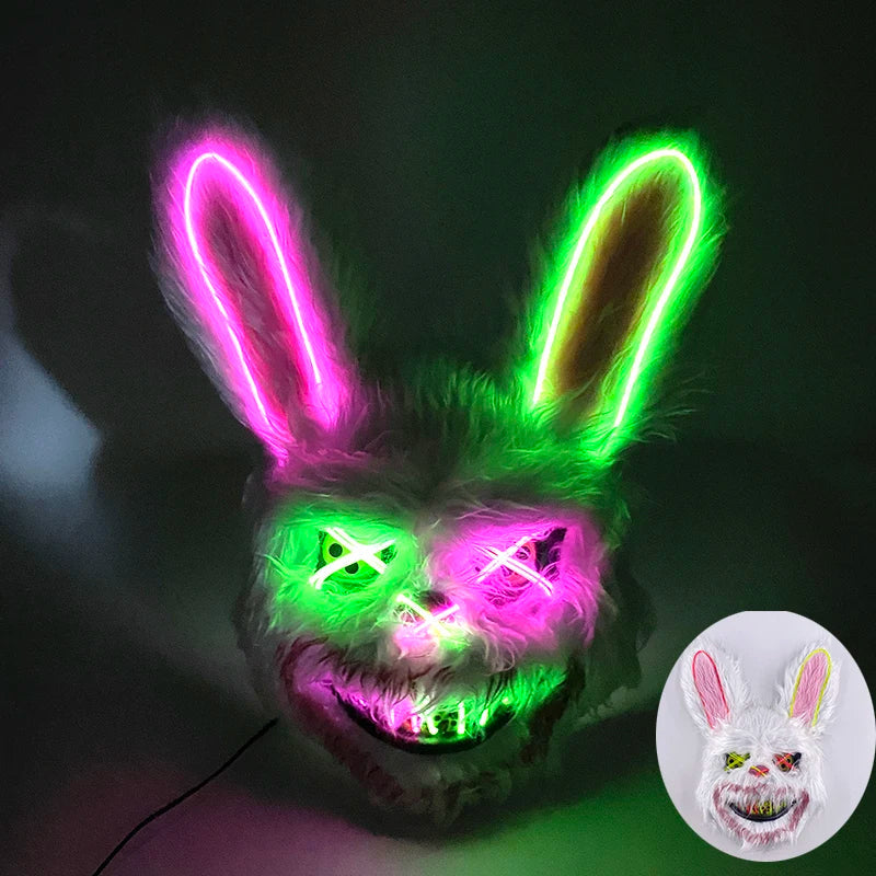 Halloween Bloody Bear Killer Mask – LED Light-Up Flashing Neon Horror Mask for Scary Cosplay, Costume Parties, and Haunted House Decoration