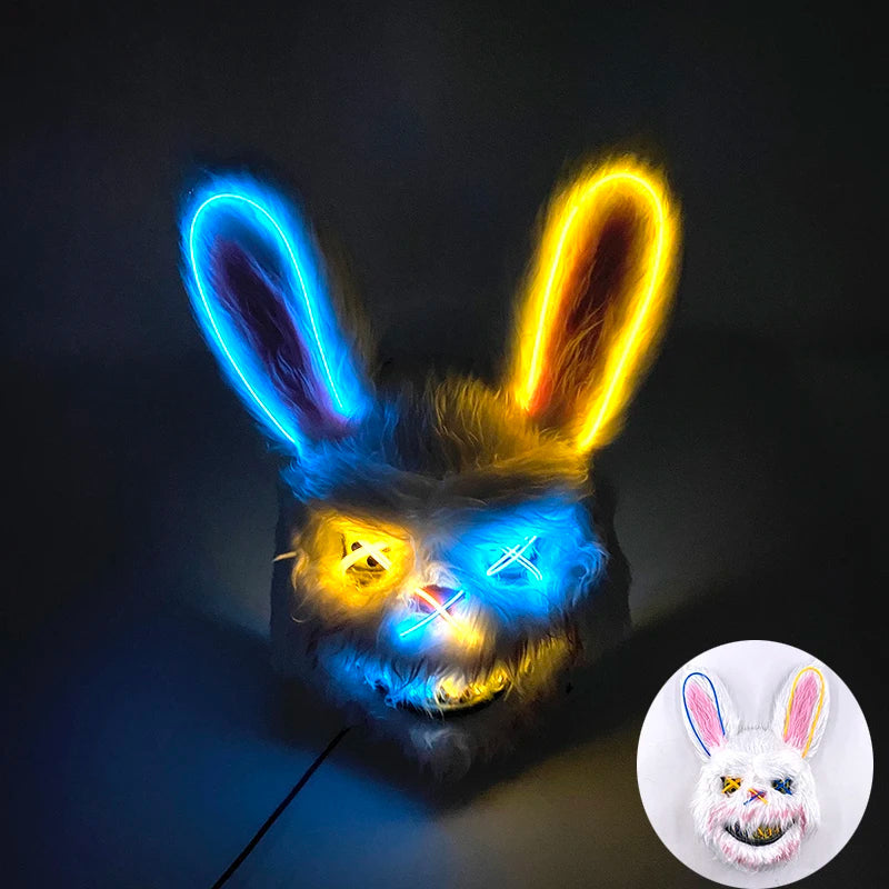 Halloween Bloody Bear Killer Mask – LED Light-Up Flashing Neon Horror Mask for Scary Cosplay, Costume Parties, and Haunted House Decoration