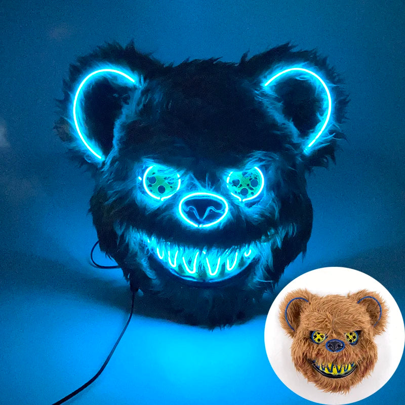 Halloween Bloody Bear Killer Mask – LED Light-Up Flashing Neon Horror Mask for Scary Cosplay, Costume Parties, and Haunted House Decoration