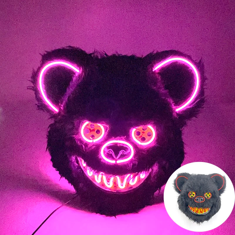 Halloween Bloody Bear Killer Mask – LED Light-Up Flashing Neon Horror Mask for Scary Cosplay, Costume Parties, and Haunted House Decoration