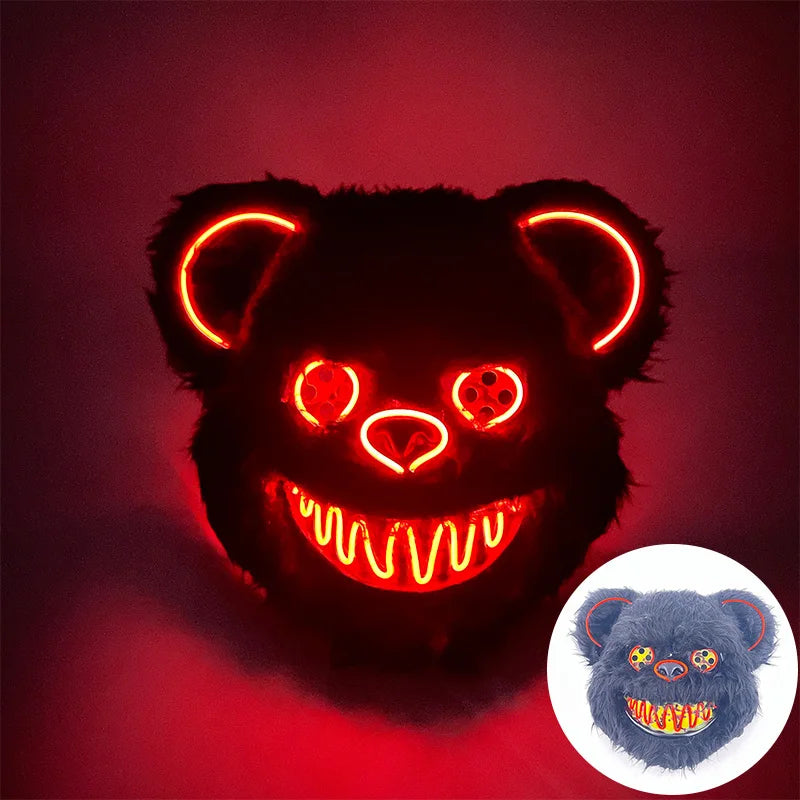 Halloween Bloody Bear Killer Mask – LED Light-Up Flashing Neon Horror Mask for Scary Cosplay, Costume Parties, and Haunted House Decoration
