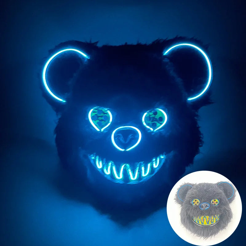 Halloween Bloody Bear Killer Mask – LED Light-Up Flashing Neon Horror Mask for Scary Cosplay, Costume Parties, and Haunted House Decoration