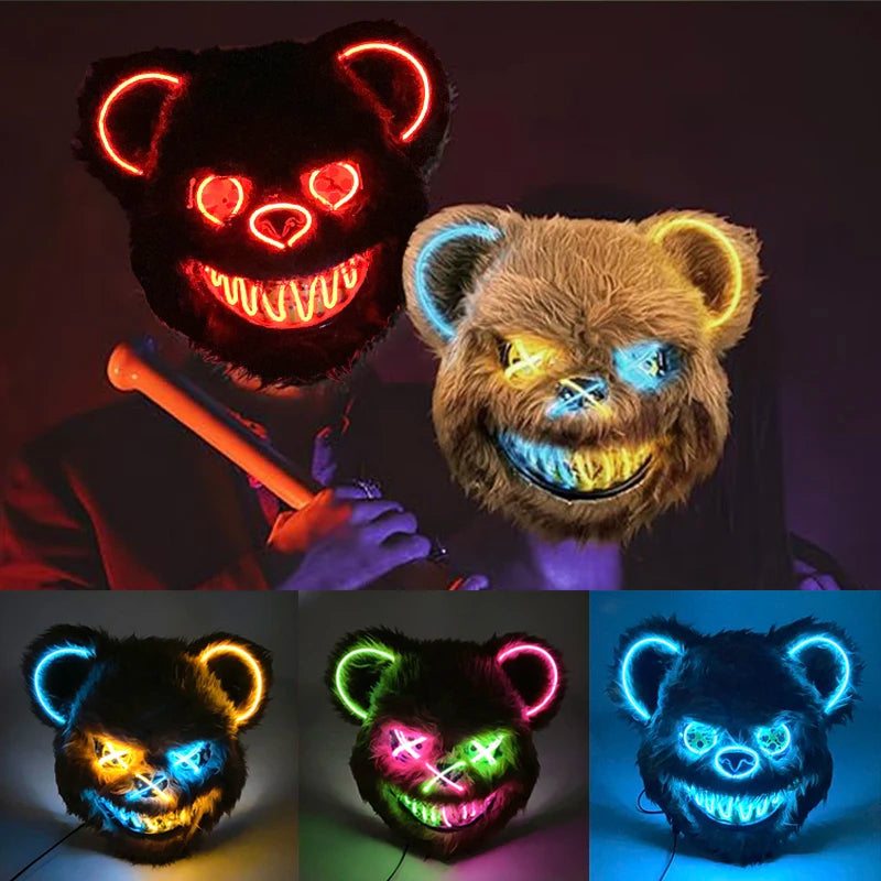 Halloween Bloody Bear Killer Mask – LED Light-Up Flashing Neon Horror Mask for Scary Cosplay, Costume Parties, and Haunted House Decoration