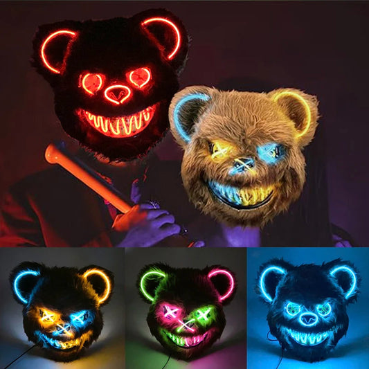Halloween Bloody Bear Killer Mask – LED Light-Up Flashing Neon Horror Mask for Scary Cosplay, Costume Parties, and Haunted House Decoration