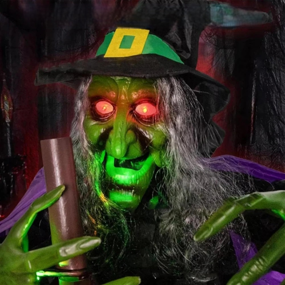 Halloween Flying Witch on Broom – Animatronic Witch with Luminous Eyes for Outdoor Yard Party Props and Haunted House Decor