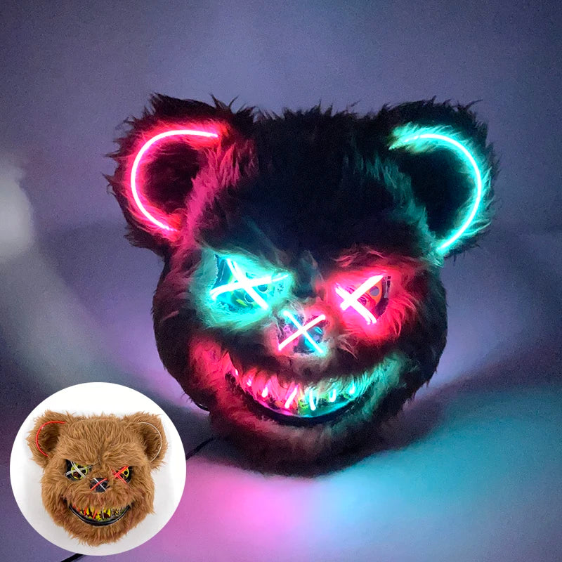 Halloween Bloody Bear Killer Mask – LED Light-Up Flashing Neon Horror Mask for Scary Cosplay, Costume Parties, and Haunted House Decoration