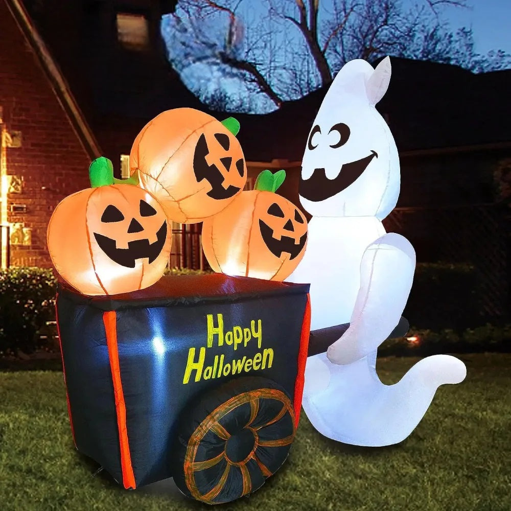 Halloween Inflatable Ghost Pumpkin Cart – 6FT White Blow Up Yard Decoration with Built-In LED Lights for Outdoor Parties