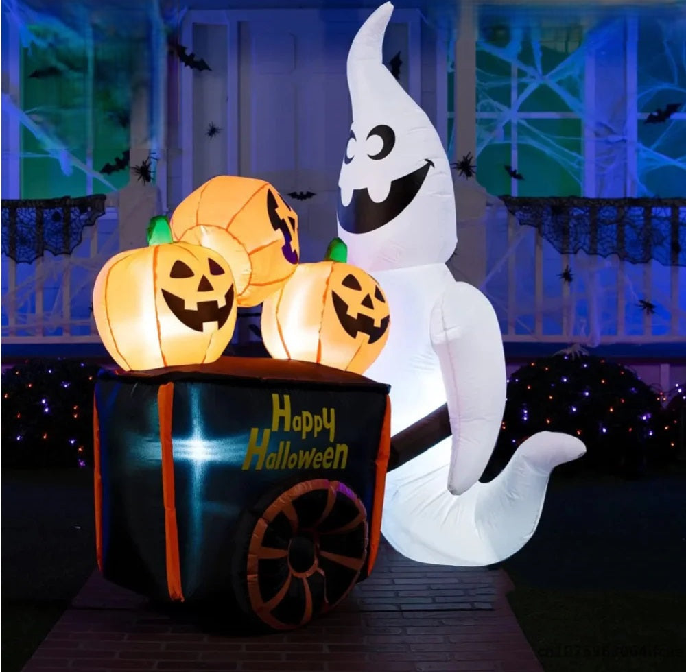 Halloween Inflatable Ghost Pumpkin Cart – 6FT White Blow Up Yard Decoration with Built-In LED Lights for Outdoor Parties