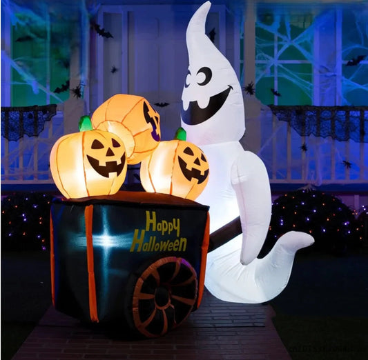 Halloween Inflatable Ghost Pumpkin Cart – 6FT White Blow Up Yard Decoration with Built-In LED Lights for Outdoor Parties