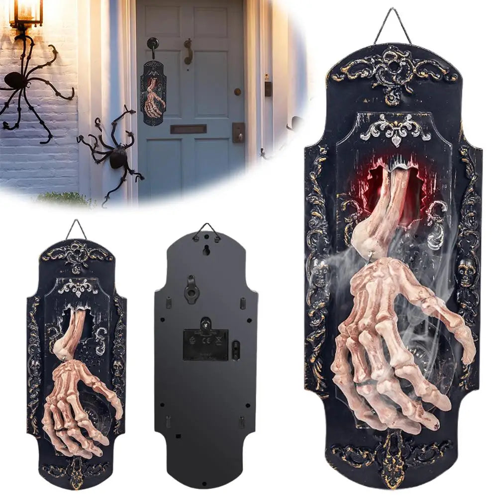Skeleton Hand Halloween Doorbell Decoration – Touch and Motion Activated Haunted Doorbell with Red Light and Scary Sound Effects