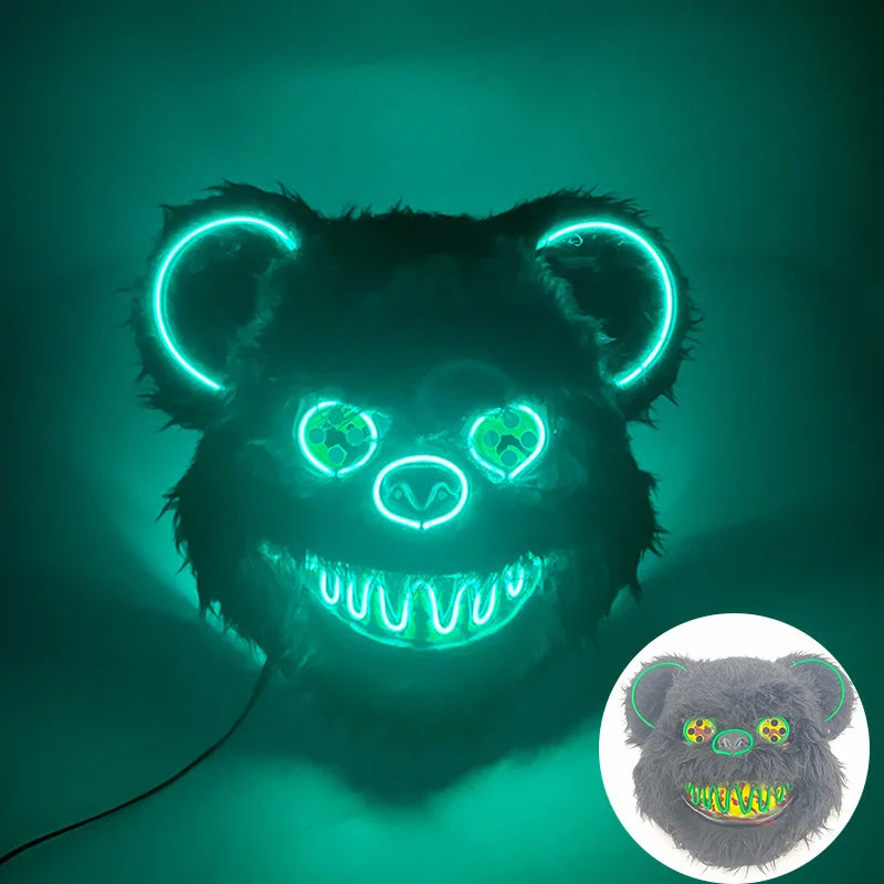Halloween Bloody Bear Killer Mask – LED Light-Up Flashing Neon Horror Mask for Scary Cosplay, Costume Parties, and Haunted House Decoration