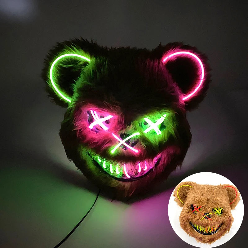 Halloween Bloody Bear Killer Mask – LED Light-Up Flashing Neon Horror Mask for Scary Cosplay, Costume Parties, and Haunted House Decoration