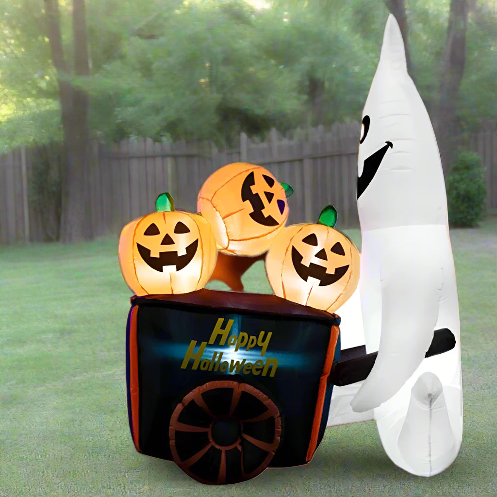 Halloween Inflatable Ghost Pumpkin Cart – 6FT White Blow Up Yard Decoration with Built-In LED Lights for Outdoor Parties
