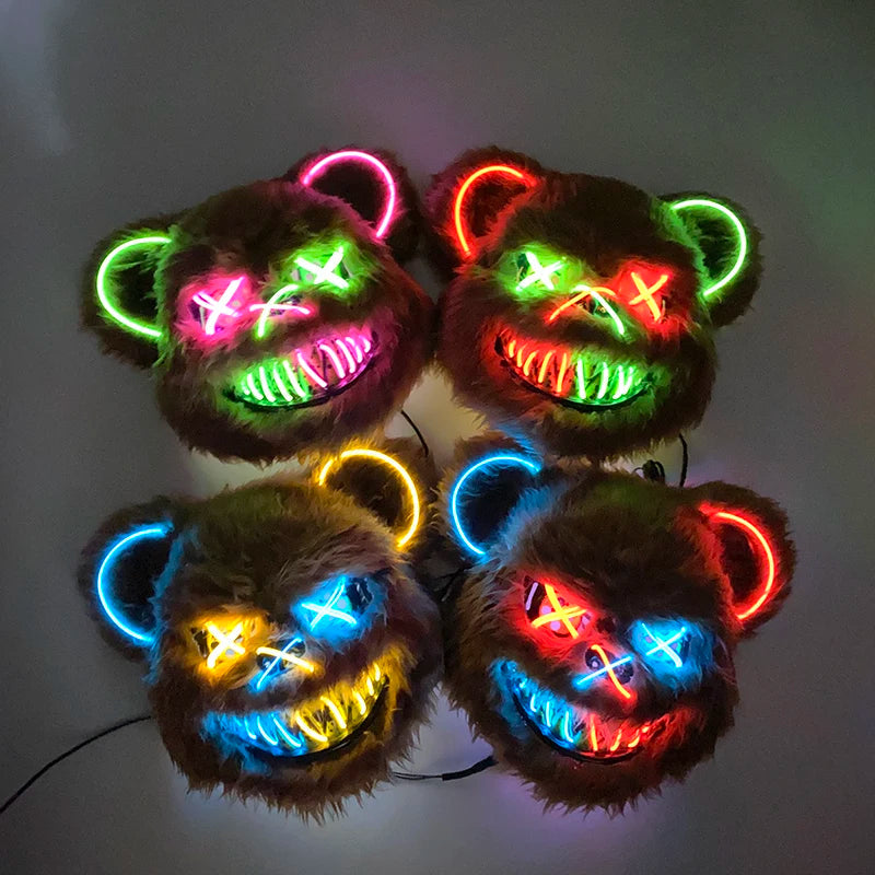 Halloween Bloody Bear Killer Mask – LED Light-Up Flashing Neon Horror Mask for Scary Cosplay, Costume Parties, and Haunted House Decoration