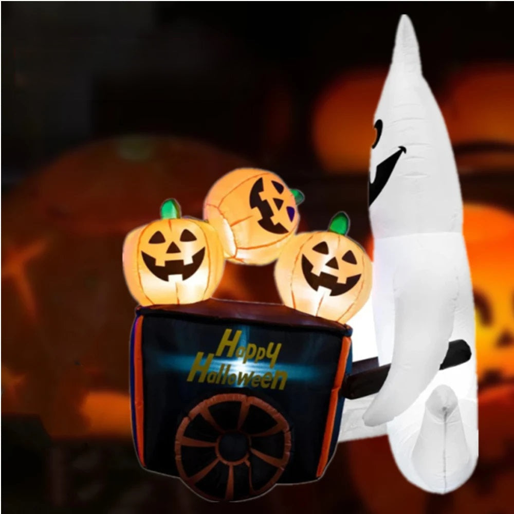 Halloween Inflatable Ghost Pumpkin Cart – 6FT White Blow Up Yard Decoration with Built-In LED Lights for Outdoor Parties
