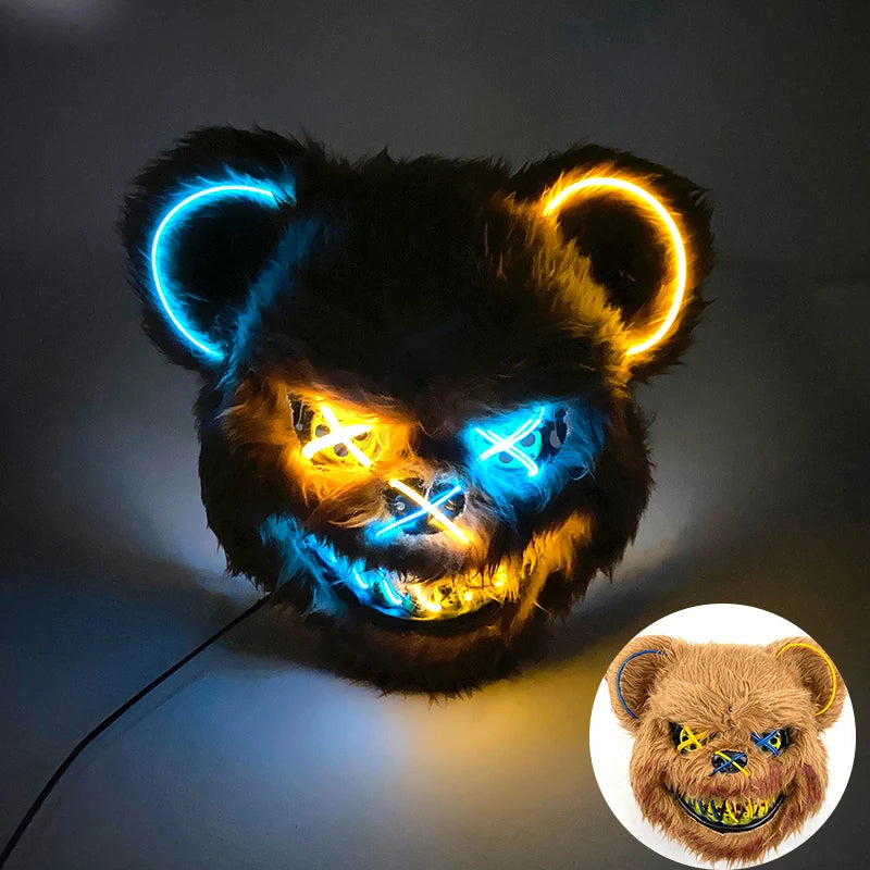Halloween Bloody Bear Killer Mask – LED Light-Up Flashing Neon Horror Mask for Scary Cosplay, Costume Parties, and Haunted House Decoration