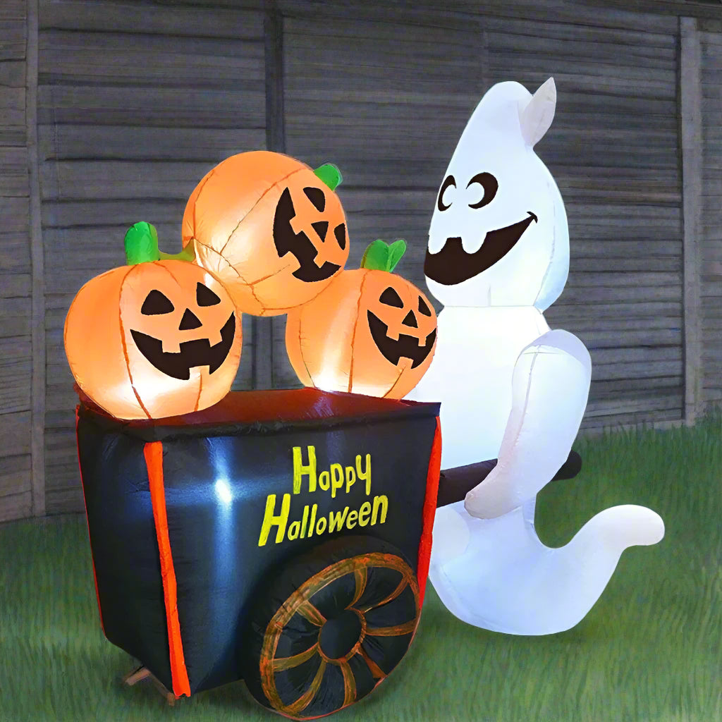 Halloween Inflatable Ghost Pumpkin Cart – 6FT White Blow Up Yard Decoration with Built-In LED Lights for Outdoor Parties