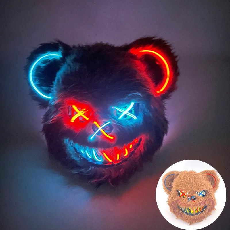 Halloween Bloody Bear Killer Mask – LED Light-Up Flashing Neon Horror Mask for Scary Cosplay, Costume Parties, and Haunted House Decoration