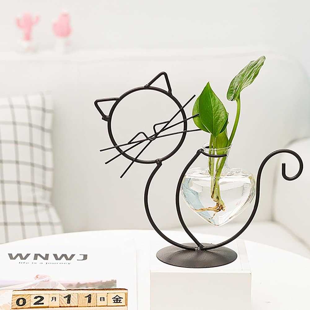 Heart-Shaped Cat Iron Flower Vase – Creative Hydroponic Glass Planter for Dining Table & Home Décor