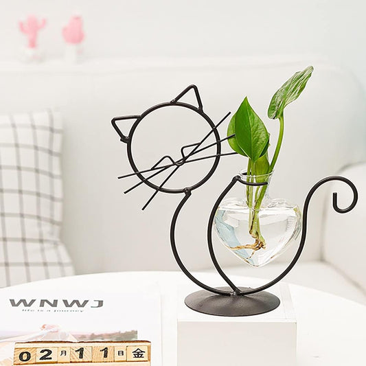 Heart-Shaped Cat Iron Flower Vase – Creative Hydroponic Glass Planter for Dining Table & Home Décor