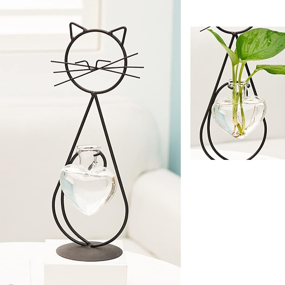 Heart-Shaped Cat Iron Flower Vase – Creative Hydroponic Glass Planter for Dining Table & Home Décor