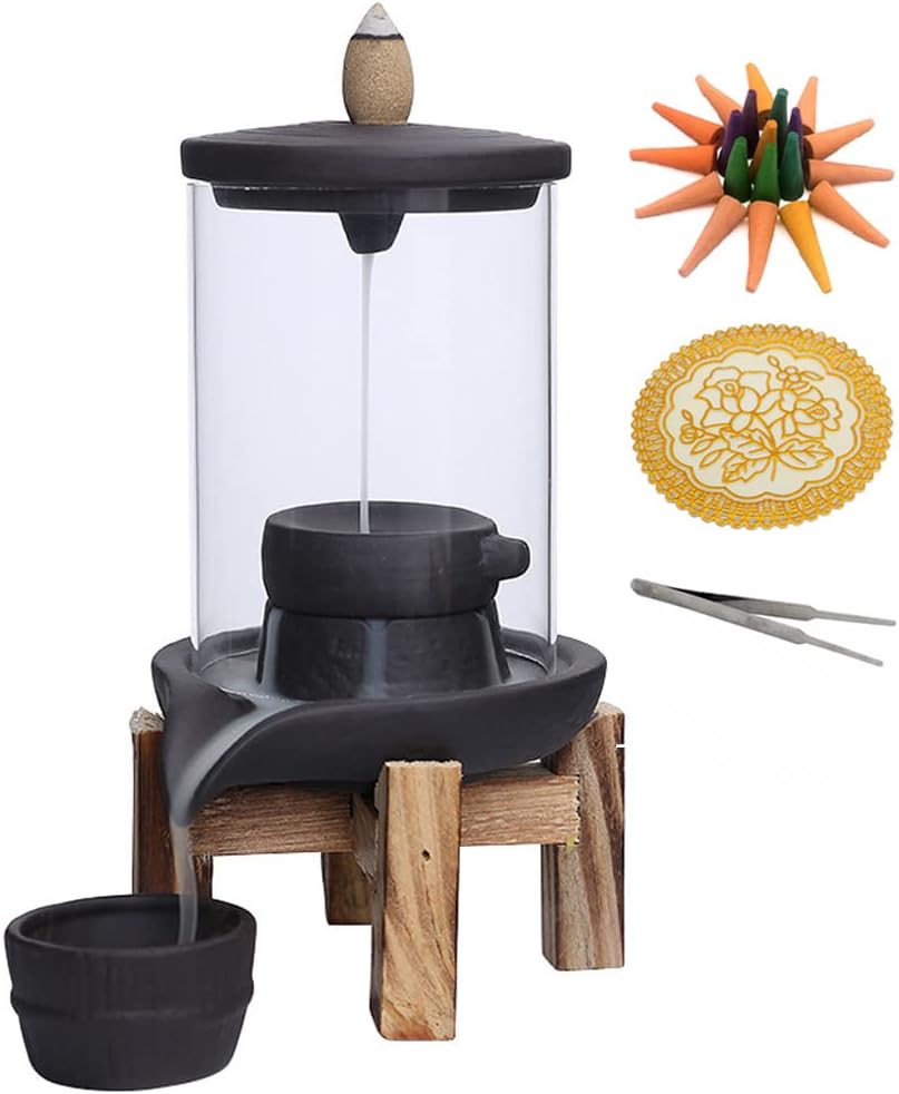 Handmade Ceramic Backflow Incense Burner – Waterfall Smoke Effect Feng Shui Holder for Living Room Aromatherapy