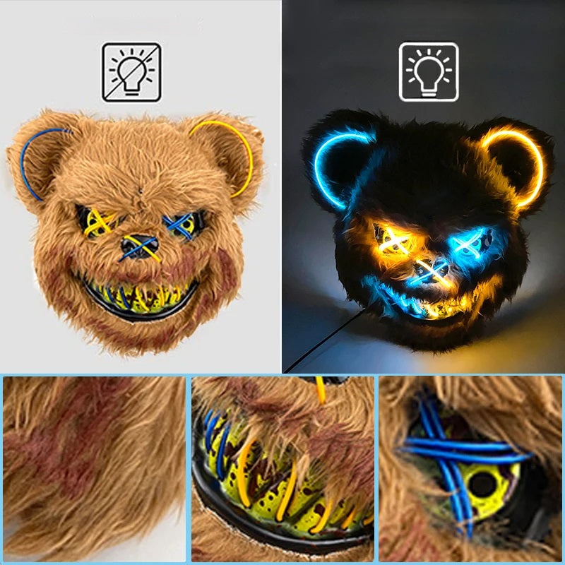 Halloween Bloody Bear Killer Mask – LED Light-Up Flashing Neon Horror Mask for Scary Cosplay, Costume Parties, and Haunted House Decoration