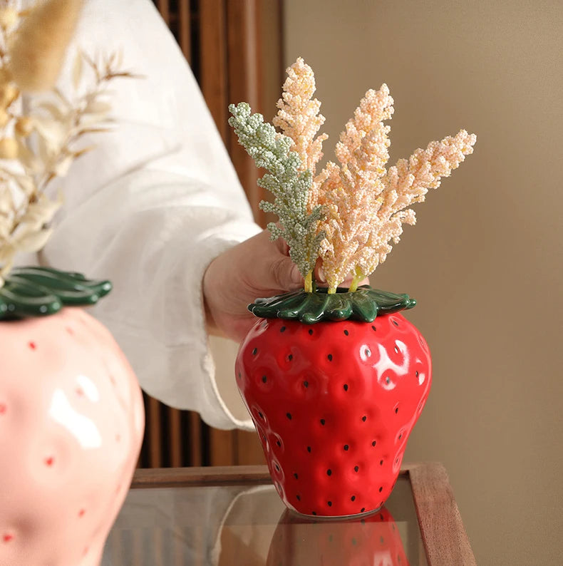 Strawberry Ceramic Flower Vase – Cute Fruit-Inspired Pot for Home Decor, Tabletop Charm, or Floral Display Accessories