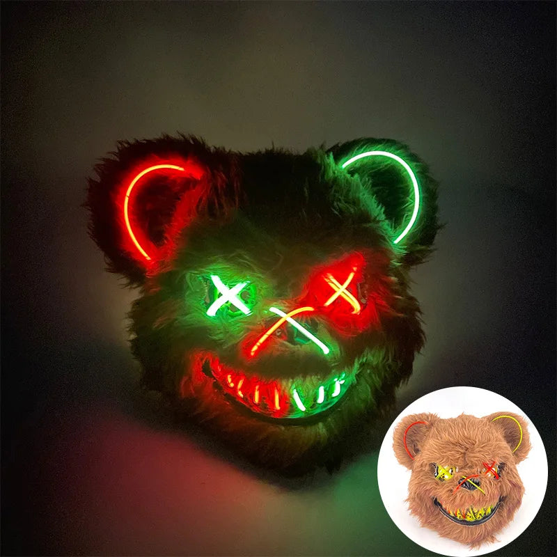 Halloween Bloody Bear Killer Mask – LED Light-Up Flashing Neon Horror Mask for Scary Cosplay, Costume Parties, and Haunted House Decoration