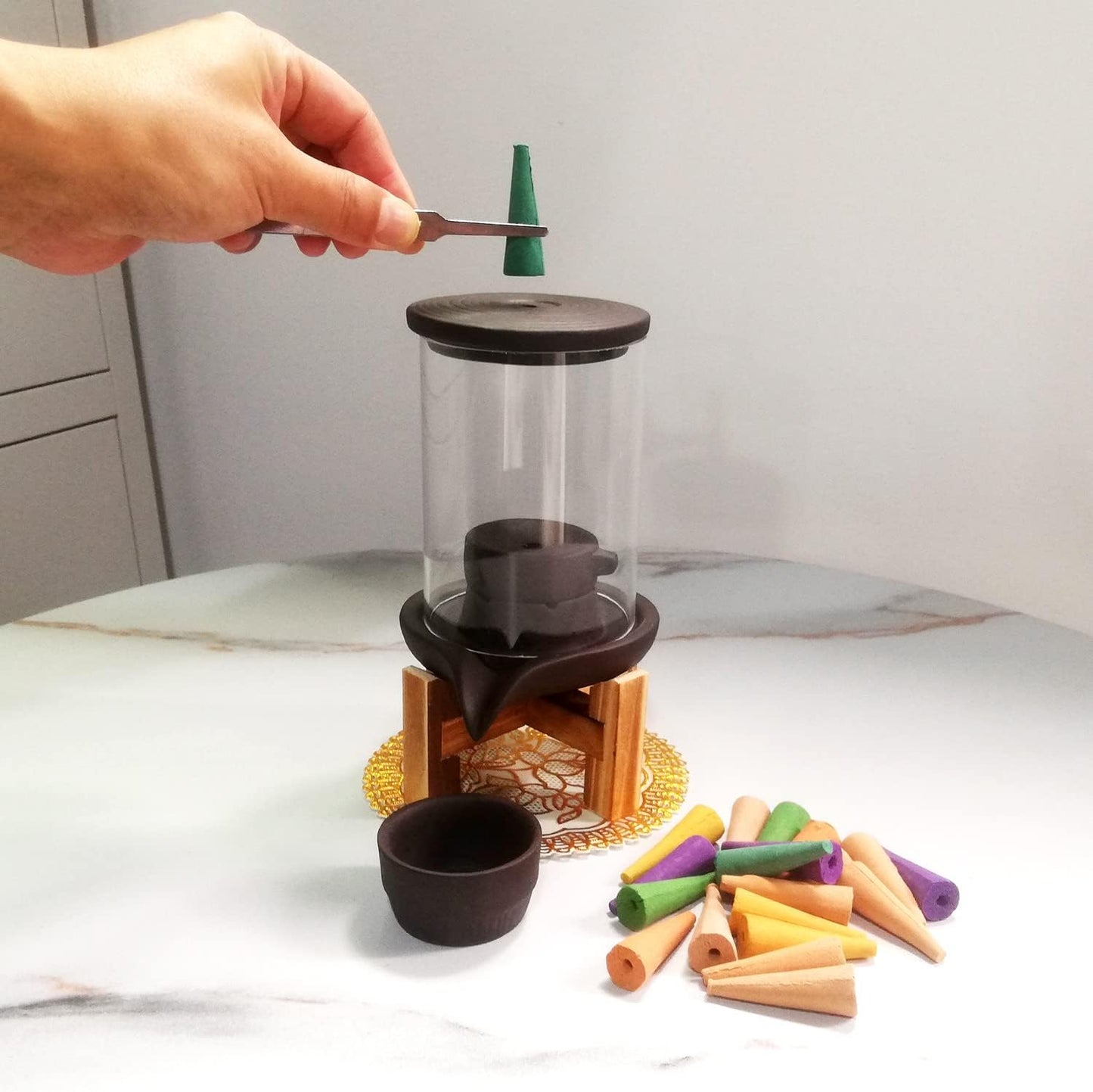 Handmade Ceramic Backflow Incense Burner – Waterfall Smoke Effect Feng Shui Holder for Living Room Aromatherapy