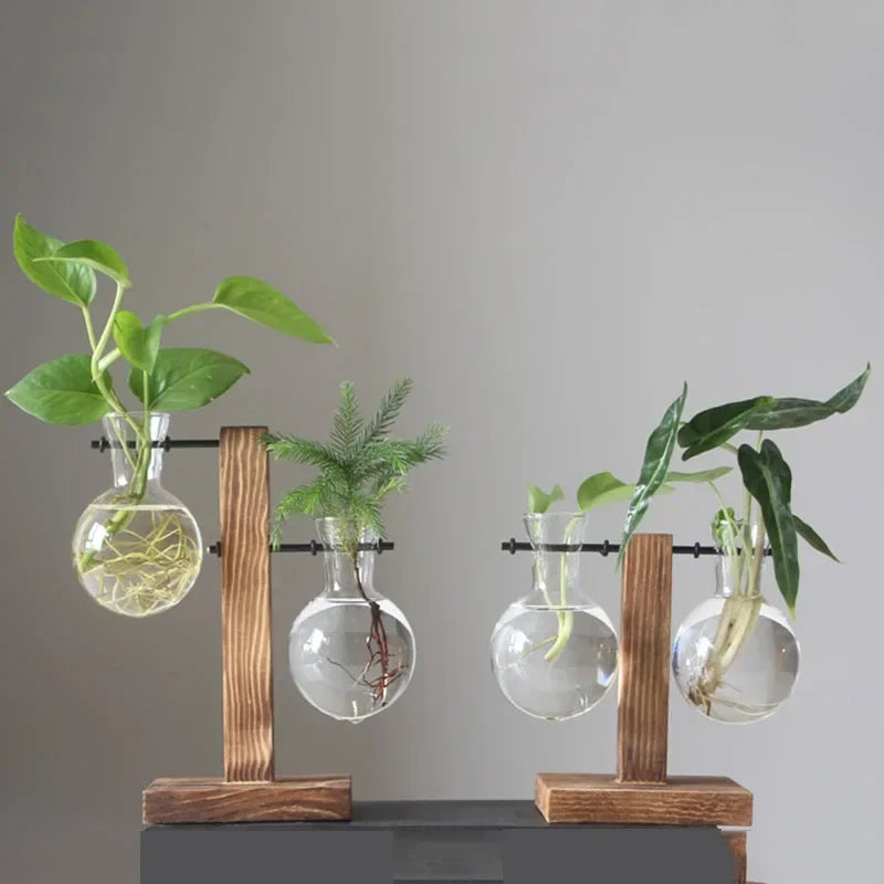 Light Bulb Vase with Wood Stand - Hydroponic Propagation Glass Station for Desktop Home or Office Botanical Decor