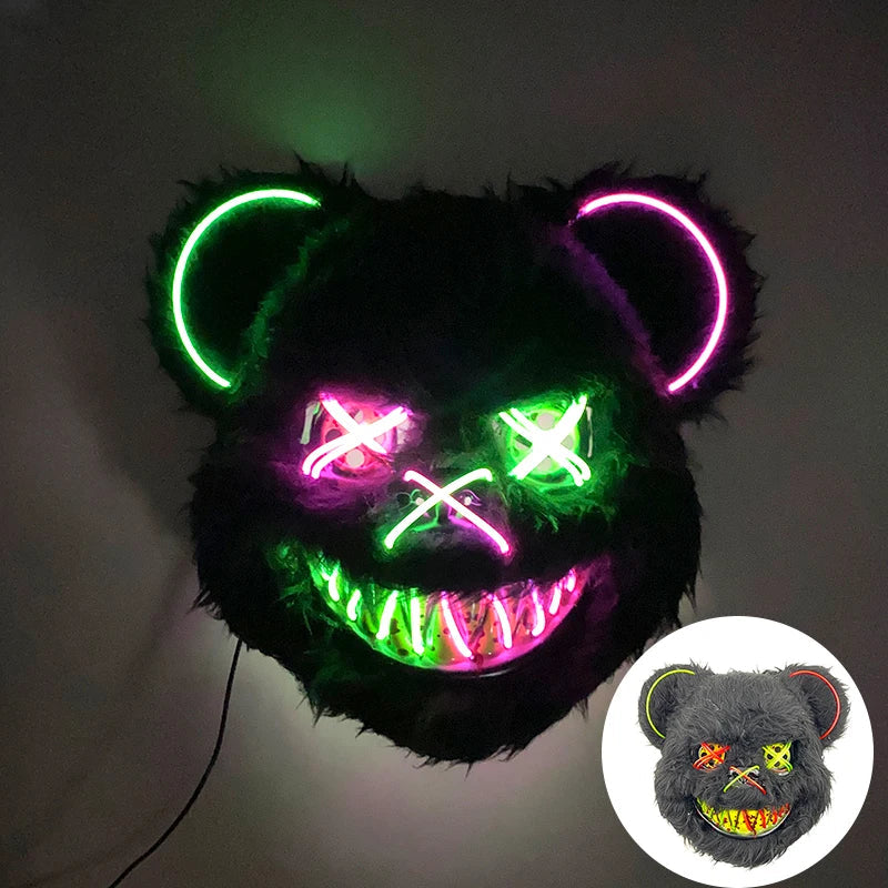 Halloween Bloody Bear Killer Mask – LED Light-Up Flashing Neon Horror Mask for Scary Cosplay, Costume Parties, and Haunted House Decoration