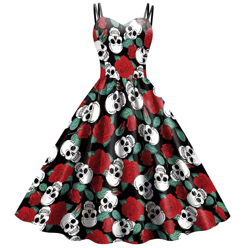 Women’s Halloween Skeleton Rose Dress – Elegant Gothic Print Rockabilly Costume for Carnival, Party, or Christmas Holiday Celebrations