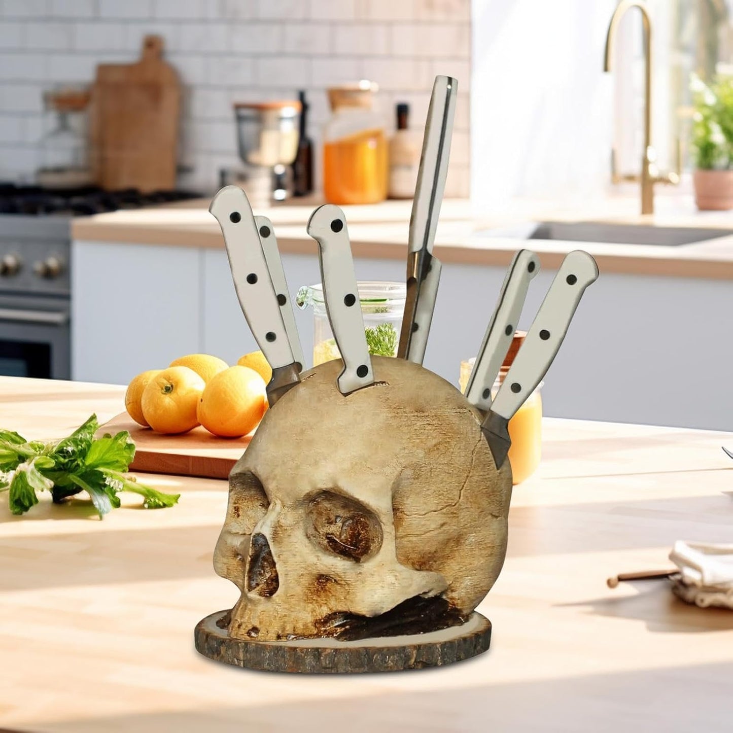 Skull Knife Holder – Unique Skeleton Head Kitchen Storage Rack, Horror Knife Stand and Fruit Rack Halloween Home Decoration