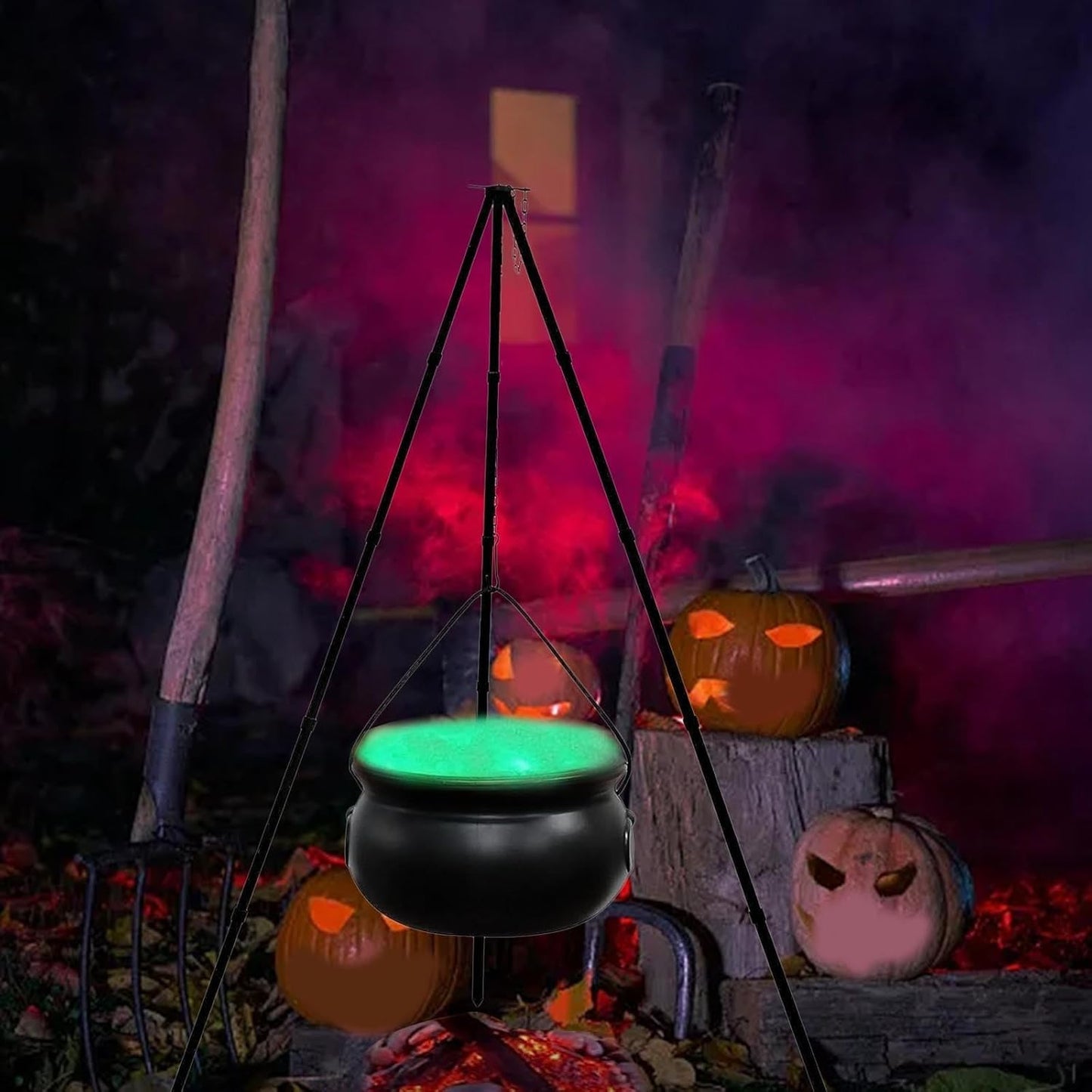 Large Witch Cauldron Halloween Decoration - With Tripod Stand, Black Candy Bowl, Lights for Outdoor Hocus Pocus Party Decor