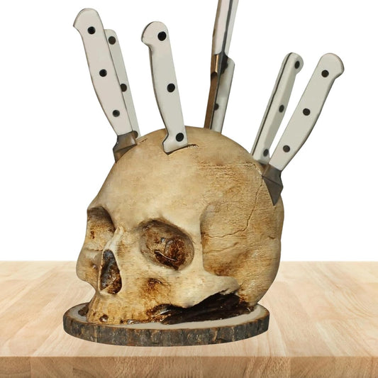 Skull Knife Holder – Unique Skeleton Head Kitchen Storage Rack, Horror Knife Stand and Fruit Rack Halloween Home Decoration