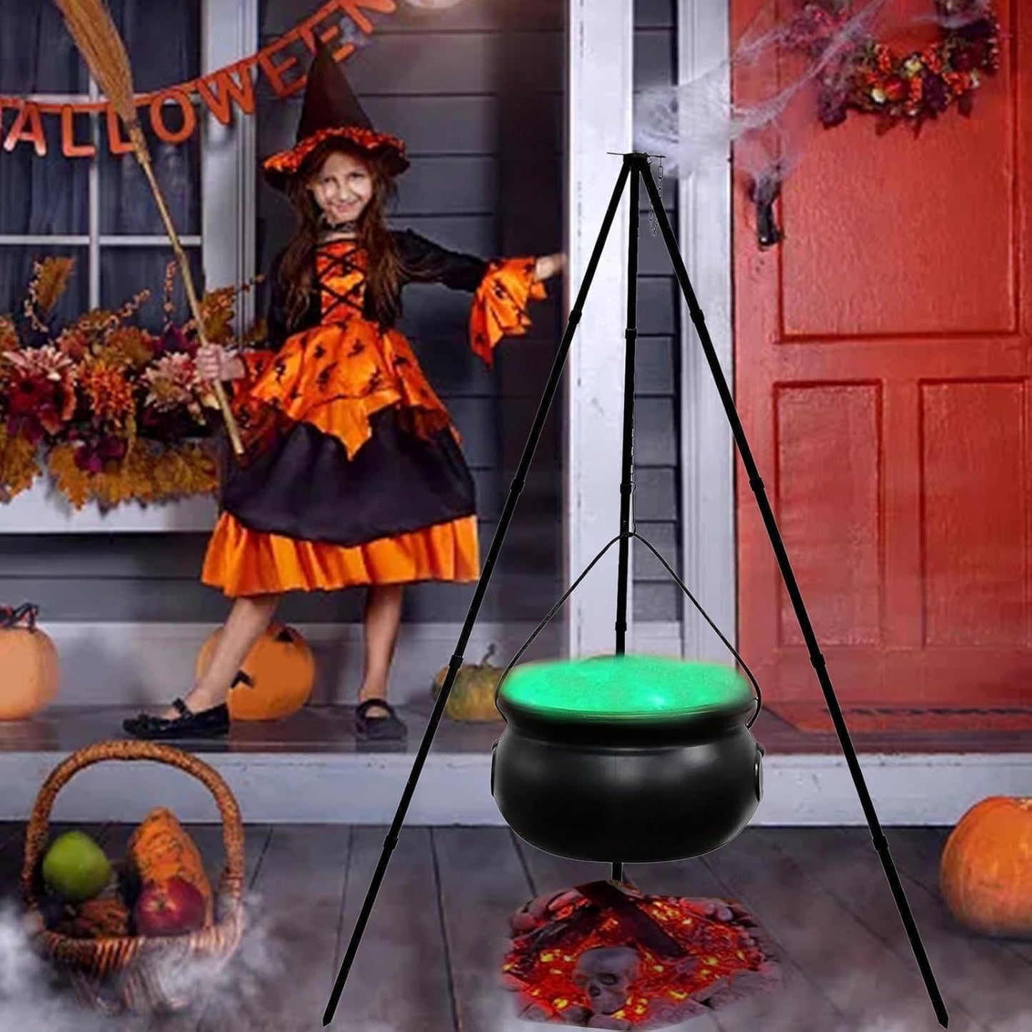 Large Witch Cauldron Halloween Decoration - With Tripod Stand, Black Candy Bowl, Lights for Outdoor Hocus Pocus Party Decor