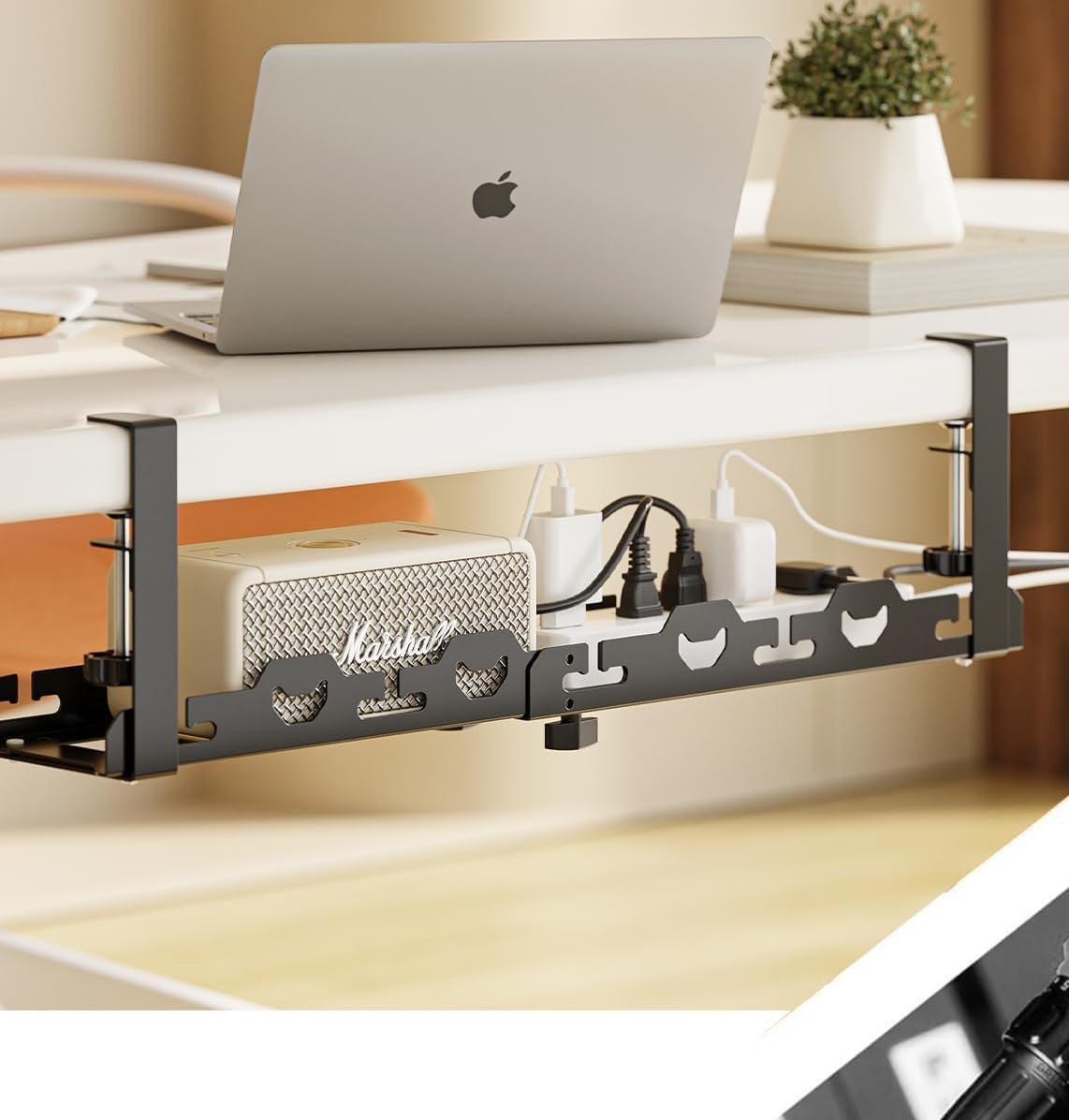 Telescopic Under-Table Storage Rack – Durable Metal Cable Management Tray with Punch-Free Installation for Office, Home Desks, or Wire Organization